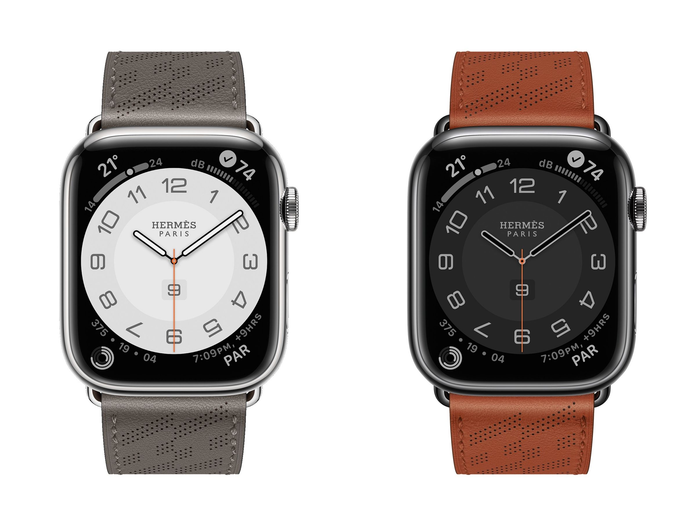 Apple Watch Hermes 8系列H Diagonal邁耶灰色、金色單圈錶帶，NT＄43,900。（圖／品牌提供）